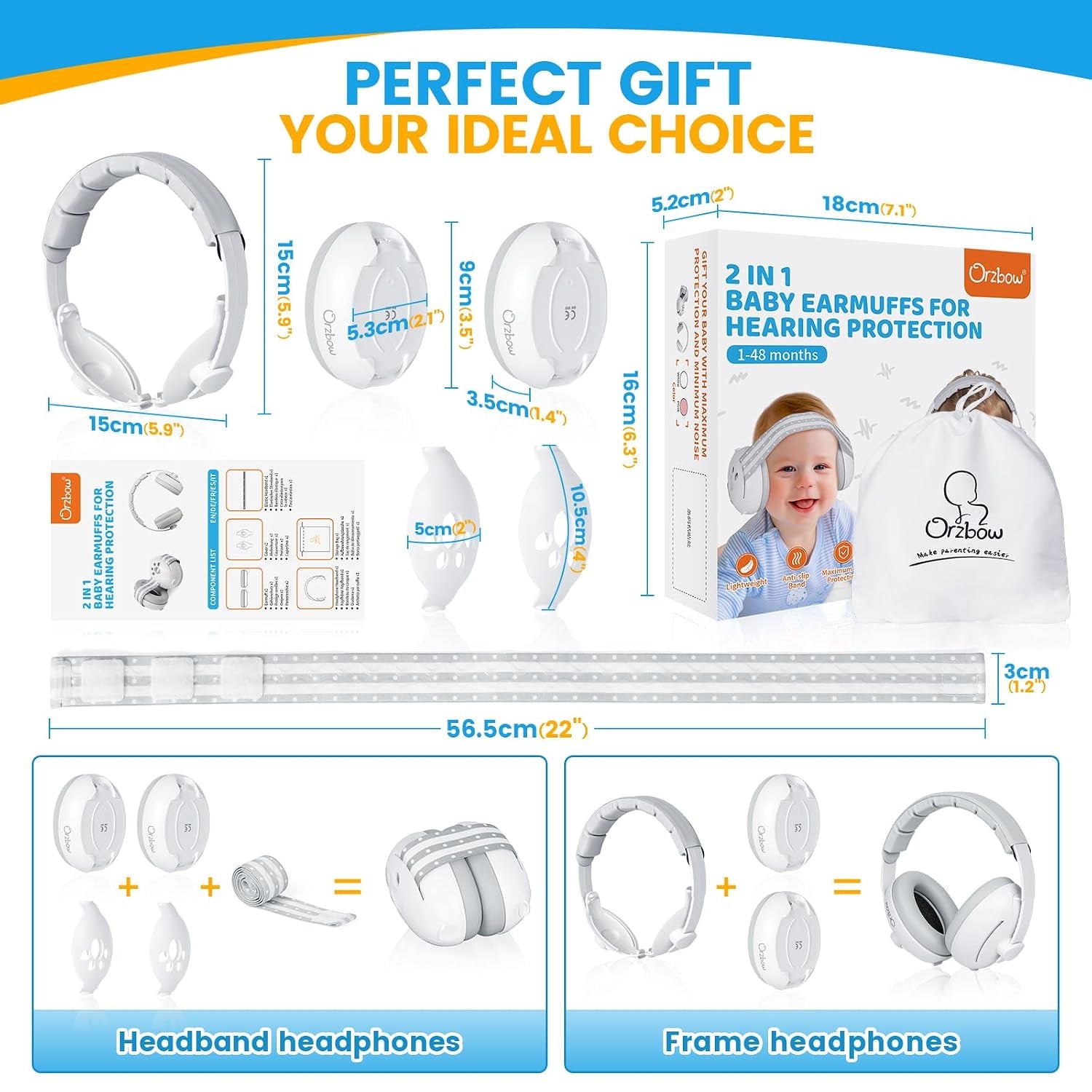 2-In-1 Baby Ear Muffs Noise Protection, Noise Cancelling Headphones for Babies up to 48 Months, Adjustable Infant Ear Protection with Non-Slip Band for Airplane Travel Sleep, White