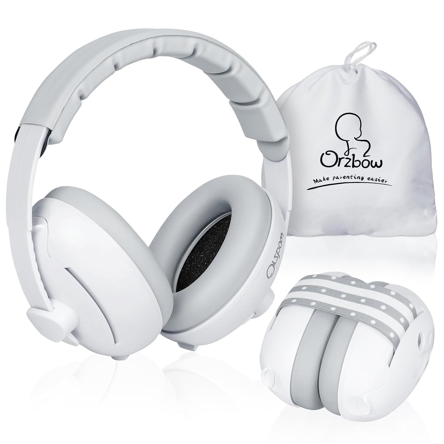 2-In-1 Baby Ear Muffs Noise Protection, Noise Cancelling Headphones for Babies up to 48 Months, Adjustable Infant Ear Protection with Non-Slip Band for Airplane Travel Sleep, White